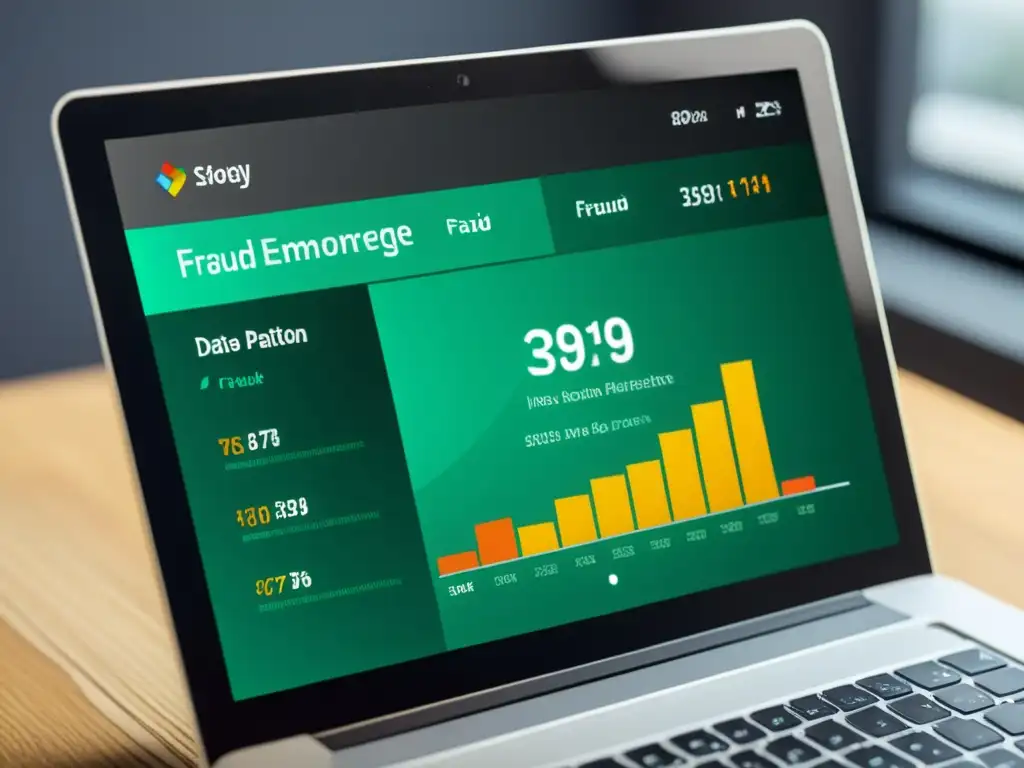 Interfaz digital muestra predicción de fraude en ecommerce con visualizaciones de datos avanzadas y diseño moderno