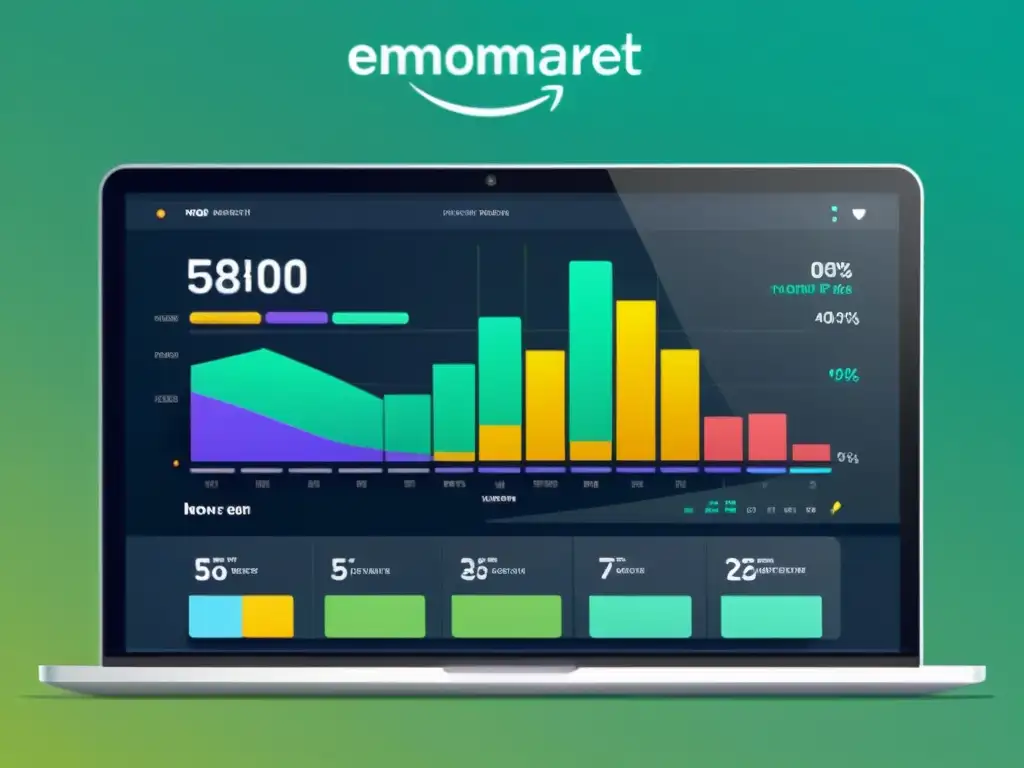 Interfaz digital futurista para análisis de sentimiento en comercio electrónico, mostrando visualizaciones de datos coloridas y detalladas