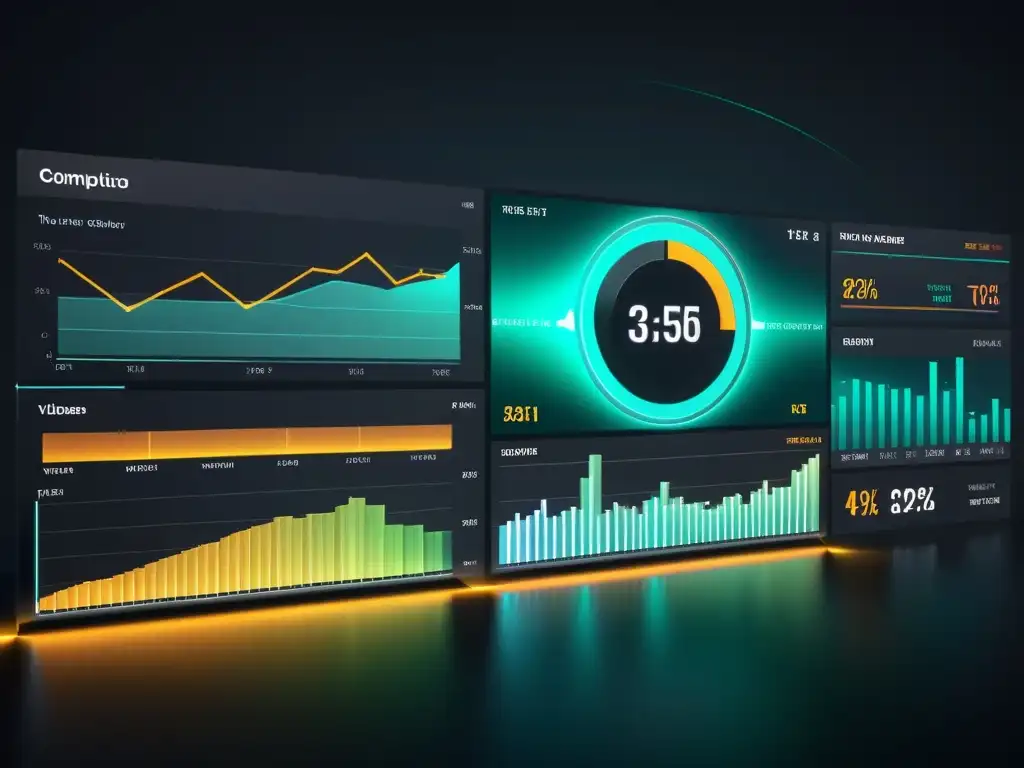 Interfaz digital futurista con visualizaciones de datos y gráficos de marketing