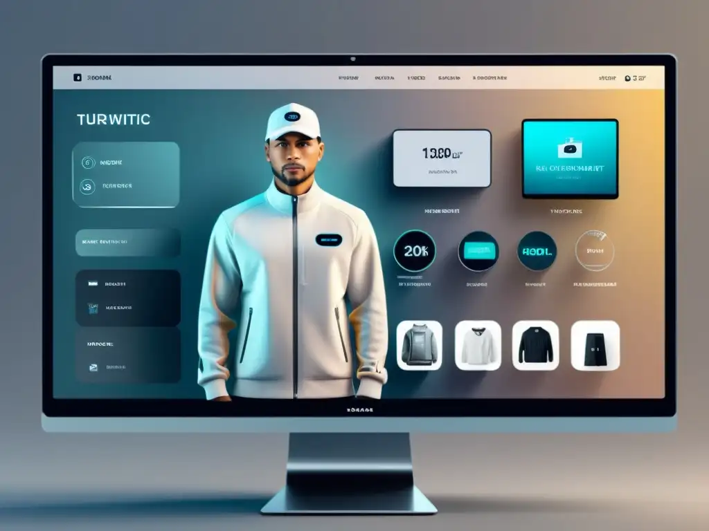 Interfaz de ecommerce futurista con inteligencia artificial en personalización, mostrando recomendaciones de productos personalizados