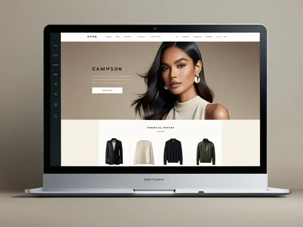 Interfaz de ecommerce de moda con diseño minimalista y producto destacado, transmitiendo lujo y calidad