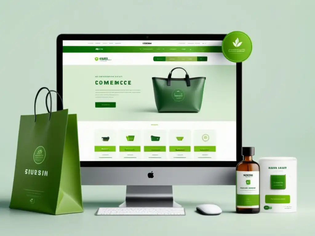 Interfaz de ecommerce moderna con certificaciones verdes para sostenibilidad, productos ecofriendly en pantalla digital