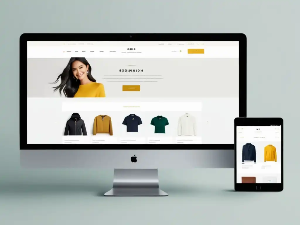 Interfaz de ecommerce moderna con diseño UX/UI para retención, navegación intuitiva y presentación visual atractiva en blanco y colores sutiles