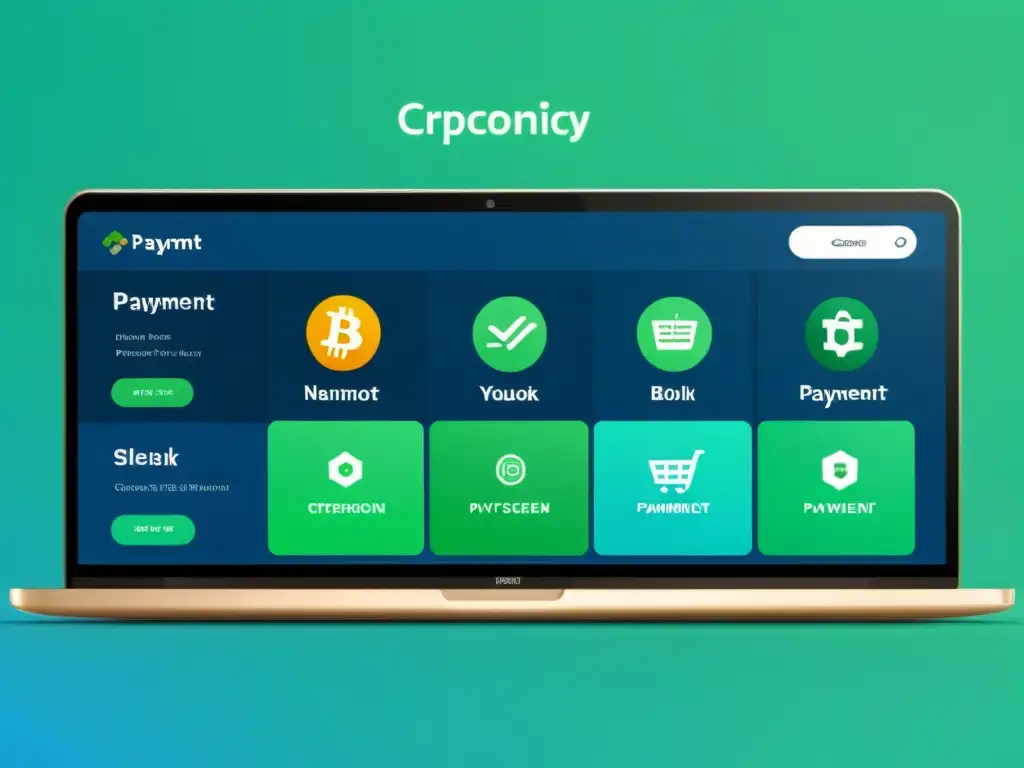 Interfaz de ecommerce moderna con método de pago con criptomonedas, tonos azules y verdes transmiten innovación y profesionalismo