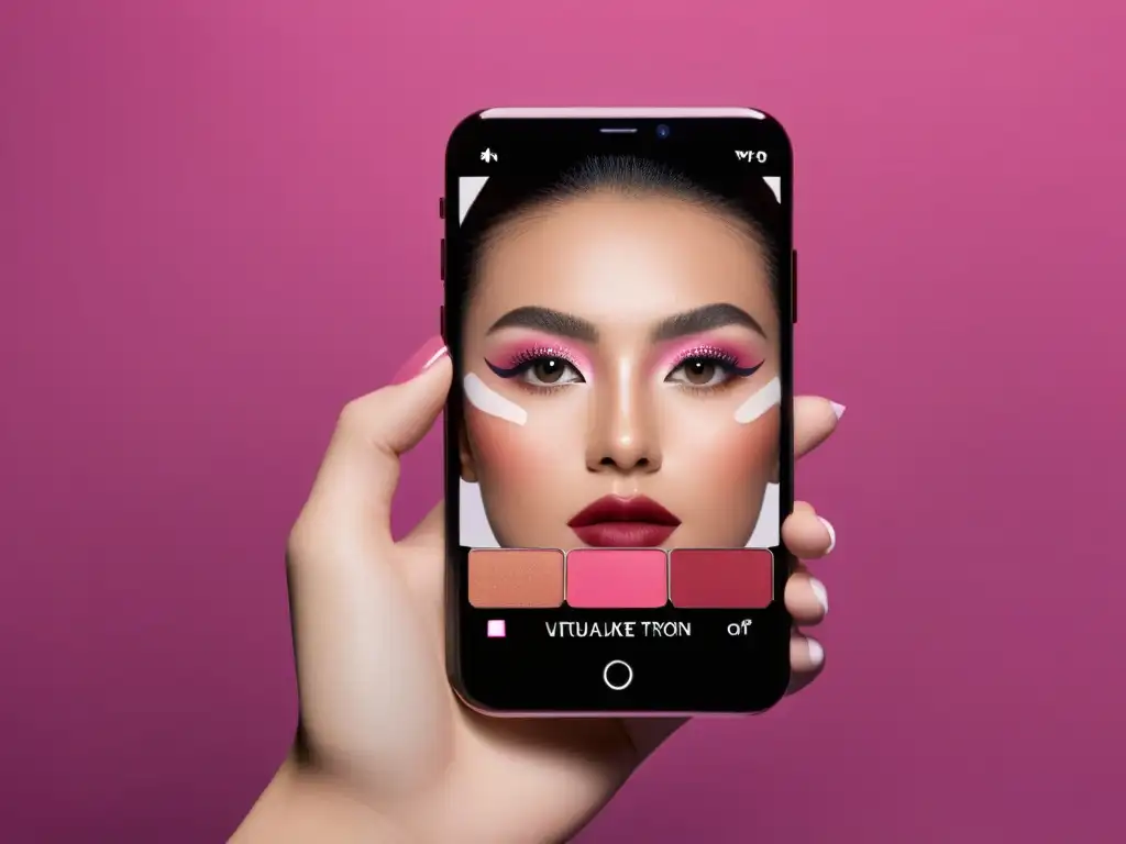 Interfaz elegante de probadores virtuales de maquillaje online en smartphone, con efectos realistas y variedad de productos y tonos