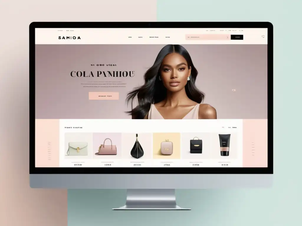 Interfaz elegante de tienda online de moda y belleza con estrategias antifraude ecommerce, colores neutros y toques de tonos pastel