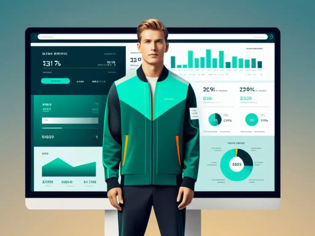 Una interfaz futurista de algoritmos predictivos en comercio electrónico, con visualizaciones de datos y elementos geométricos sofisticados