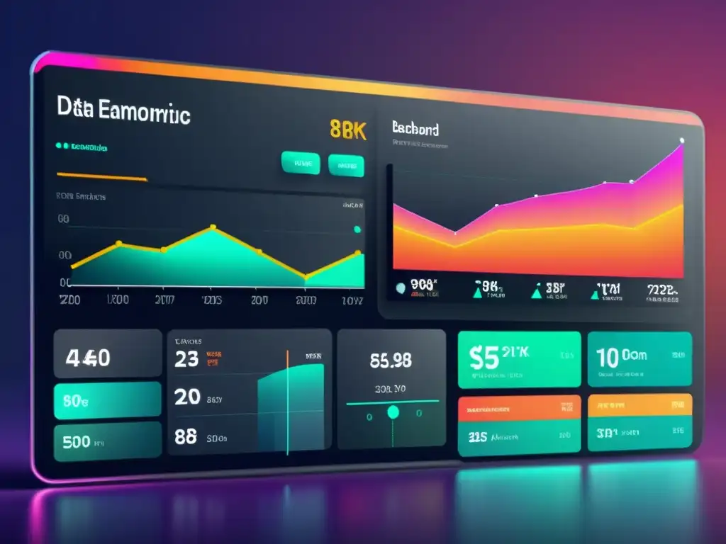 Interfaz futurista de análisis de datos en publicidad ecommerce: visualizaciones dinámicas, estética profesional y datos destacados