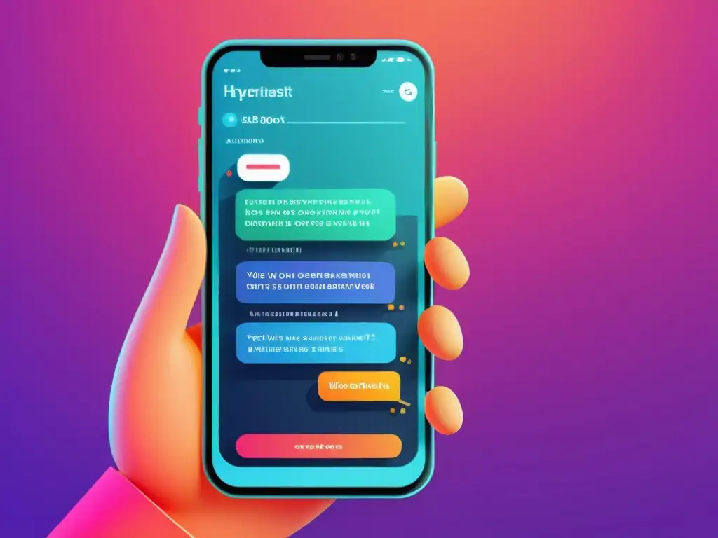 Interfaz futurista de chatbot en smartphone, con diseño minimalista y colores vibrantes