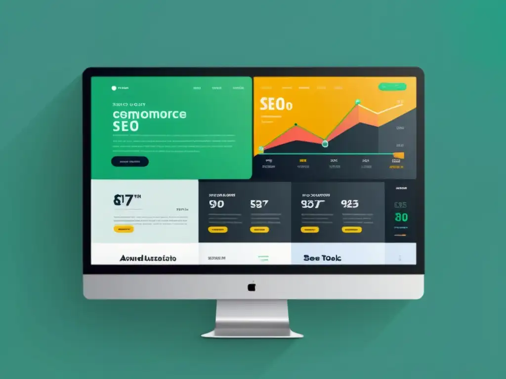 Interfaz futurista de eCommerce con herramientas avanzadas de SEO, visualización de datos e innovadoras estrategias SEO