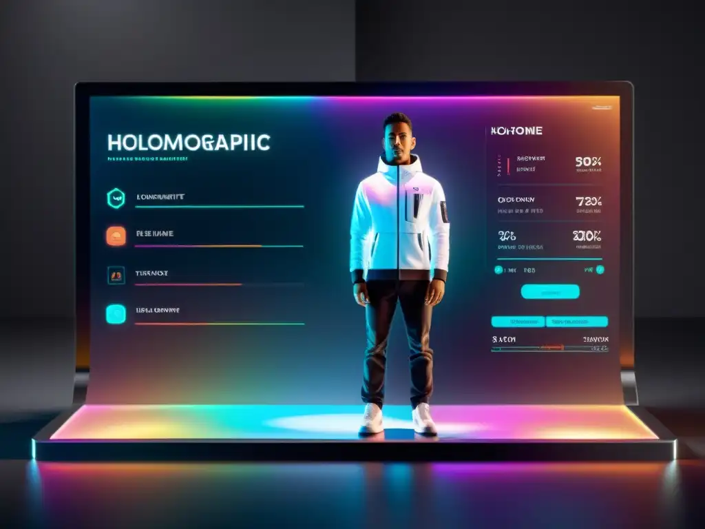 Interfaz futurista holográfica muestra impacto micro momentos ecommerce con visualizaciones de datos y vibrantes interacciones en tiempo real