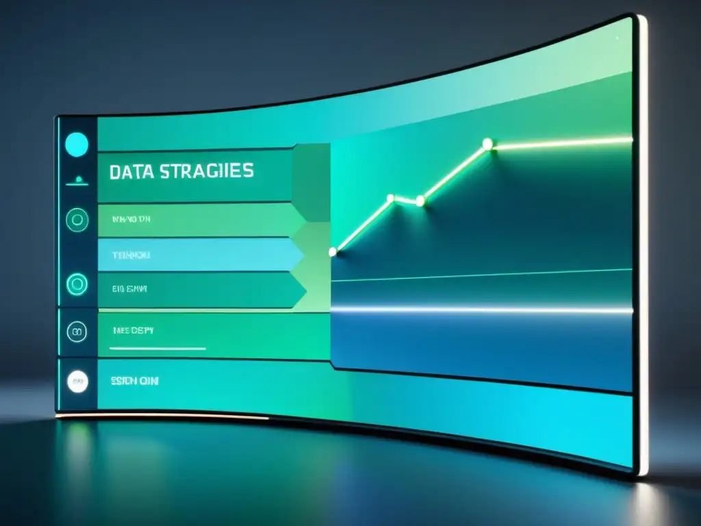 Interfaz holográfica futurista y minimalista con visualizaciones de datos sobre estrategias de marketing