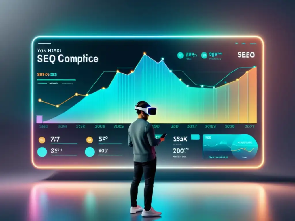 Interfaz futurista de realidad virtual muestra tendencias SEO eCommerce 2023 en gráficos holográficos y mapas de calor de palabras clave