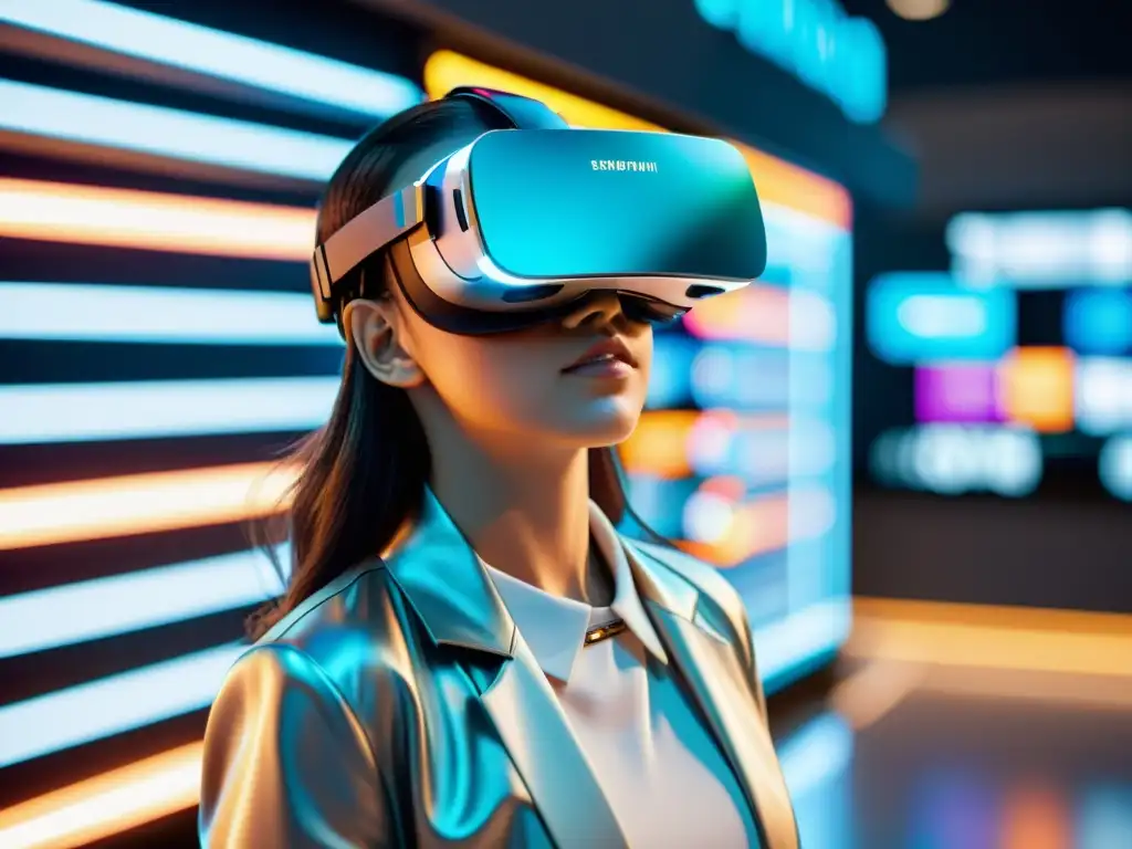 Interfaz futurista de realidad virtual con gamificación personalizada en comercio electrónico