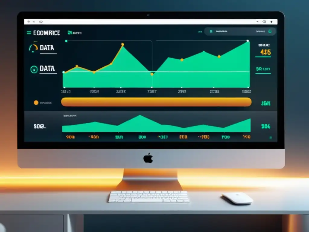 Interfaz futurista de tienda en línea con diseño minimalista y visualizaciones de análisis de datos integradas, destacando el potencial del big data en el comercio electrónico