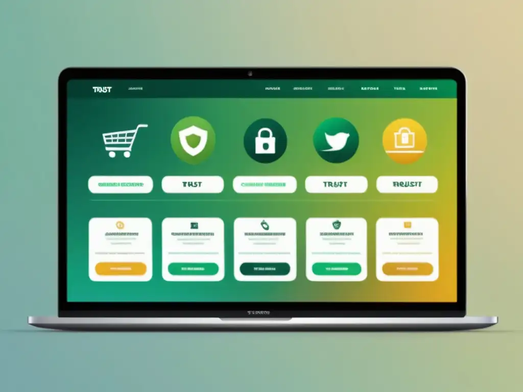 Interfaz limpia y profesional de sitio web de comercio electrónico con sellos de confianza, evocando credibilidad y protección de datos