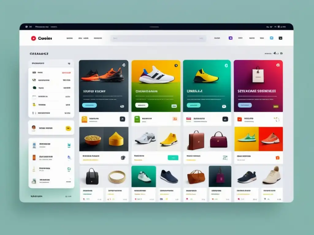 Interfaz de mercado especializado en comercio electrónico con diseño minimalista y colores vibrantes, transmitiendo sofisticación y eficiencia