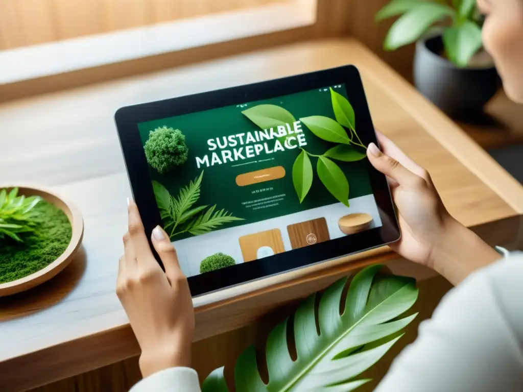 Interfaz de mercado online moderno en una tableta digital transparente, sostenida por manos ecológicas, rodeada de naturaleza