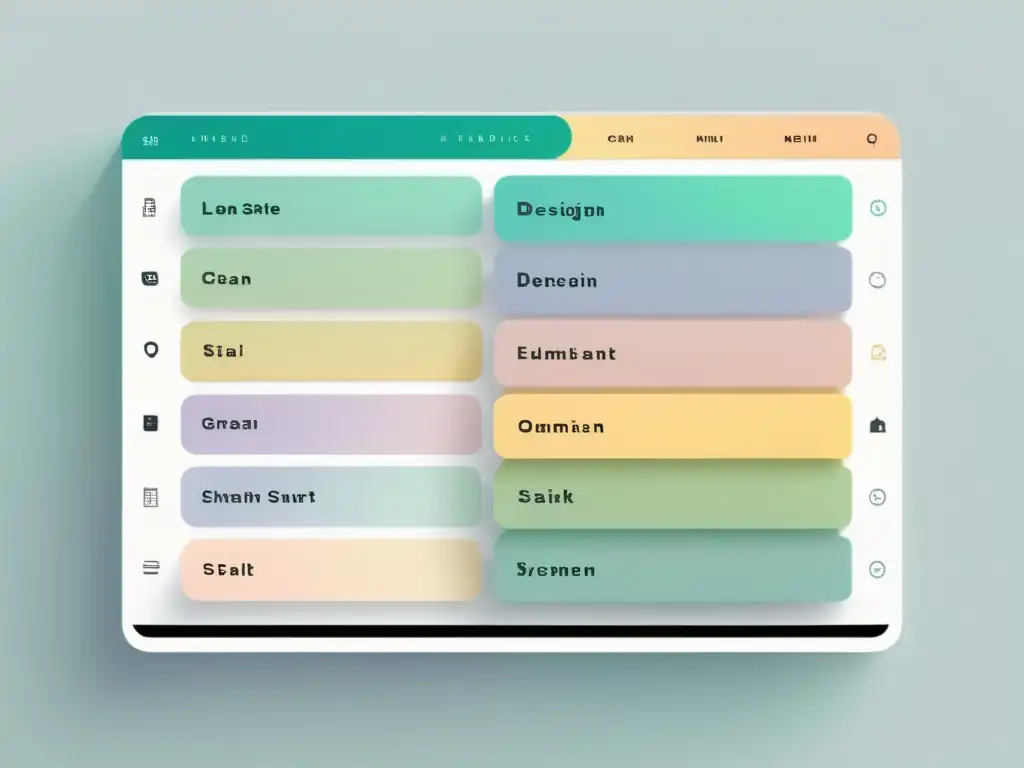Interfaz minimalista en blanco con sutiles toques pastel, navegación intuitiva y tipografía nítida