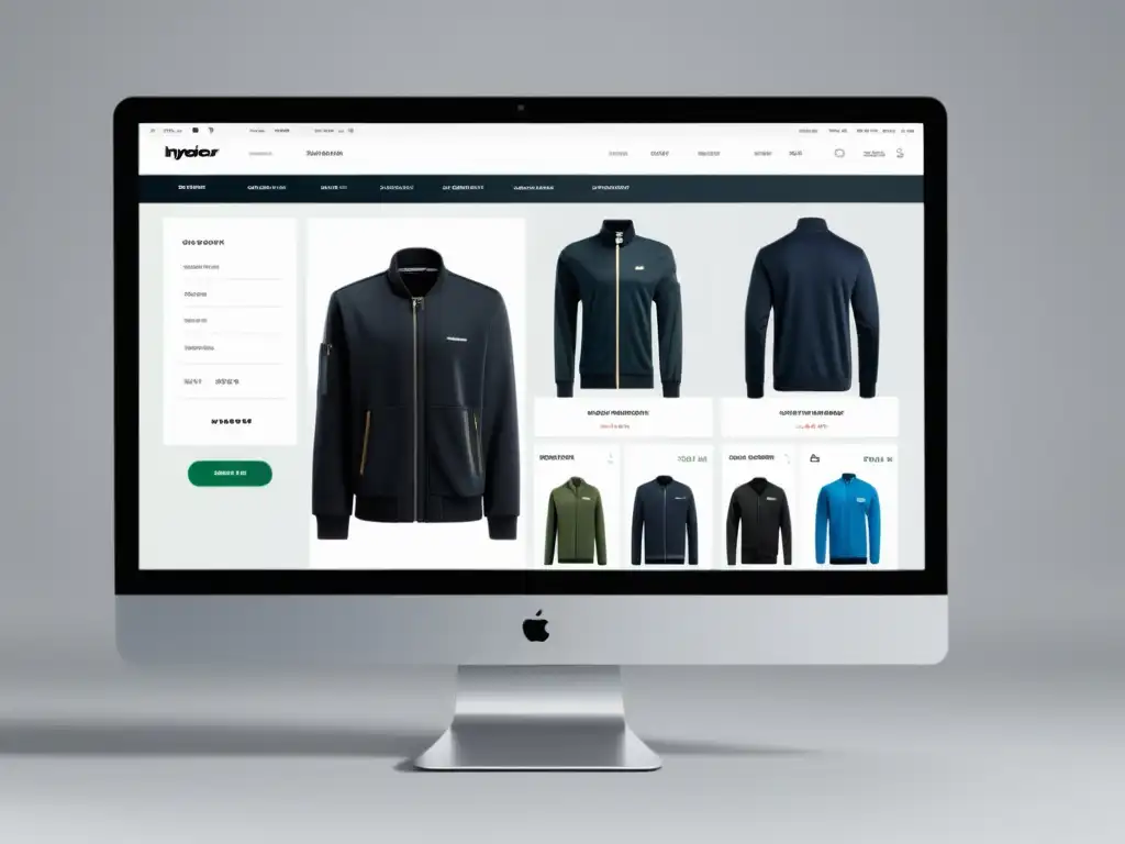 Interfaz minimalista de plataforma ecommerce moderna, integración omnicanal, navegación intuitiva y datos sincronizados
