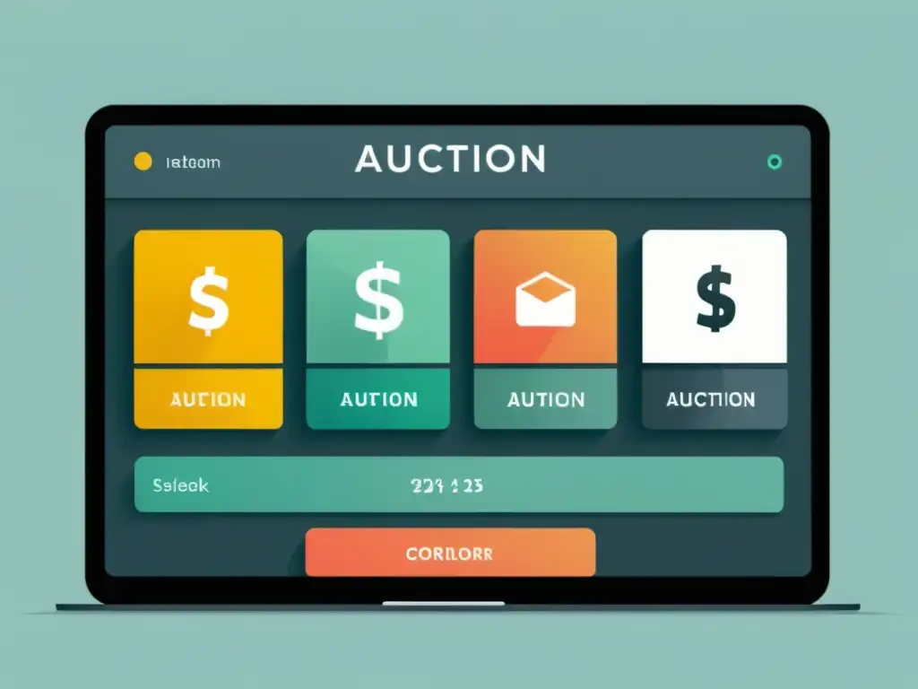 Interfaz minimalista de plataforma de subastas digitales con diseño moderno y limpio