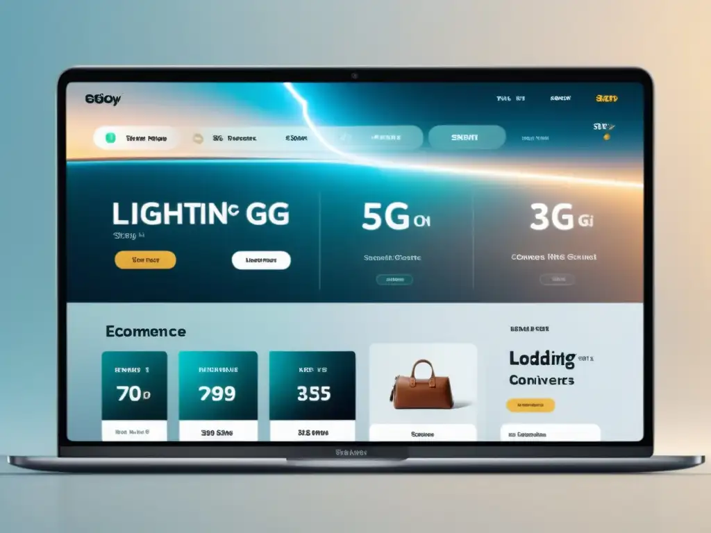 Interfaz minimalista de tienda online con 5G y conversiones en comercio electrónico, diseño elegante y carga rápida