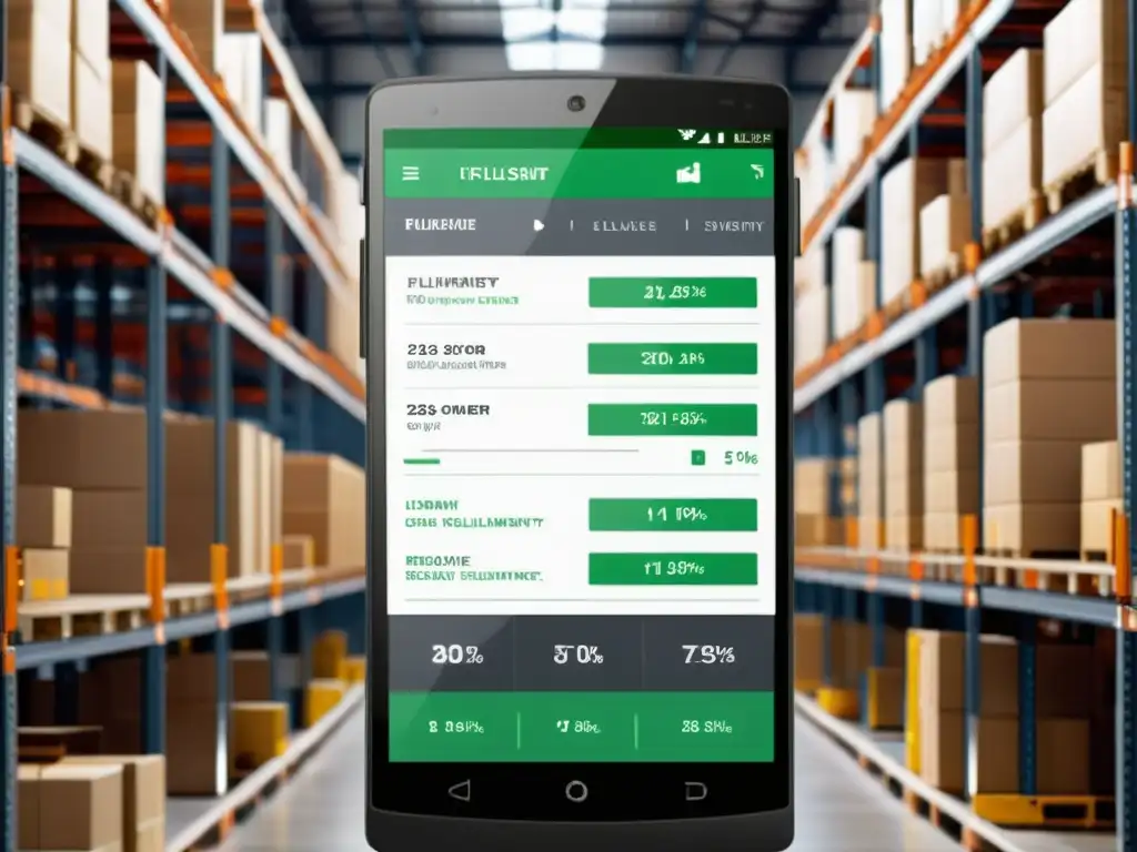 Interfaz moderna de gestión de almacén con gráficos nítidos y datos en tiempo real, reflejando las mejores herramientas tecnología ecommerce
