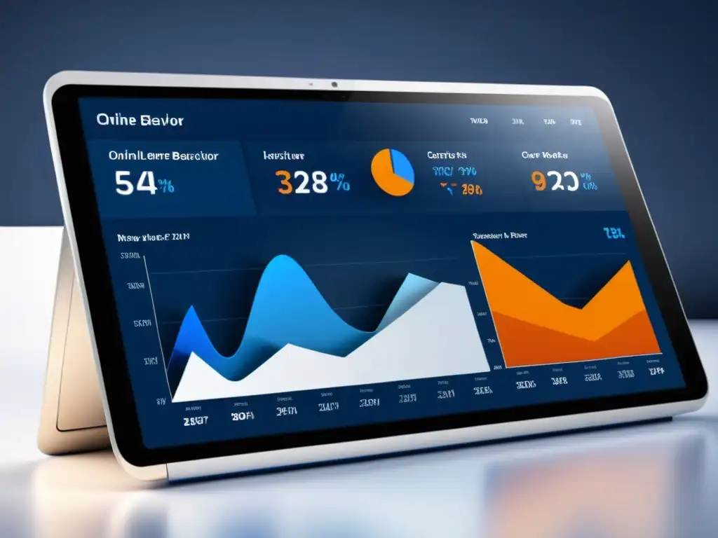 Interfaz moderna y sofisticada con gráficos detallados sobre el comportamiento del consumidor online, ideal para artículos de machine learning