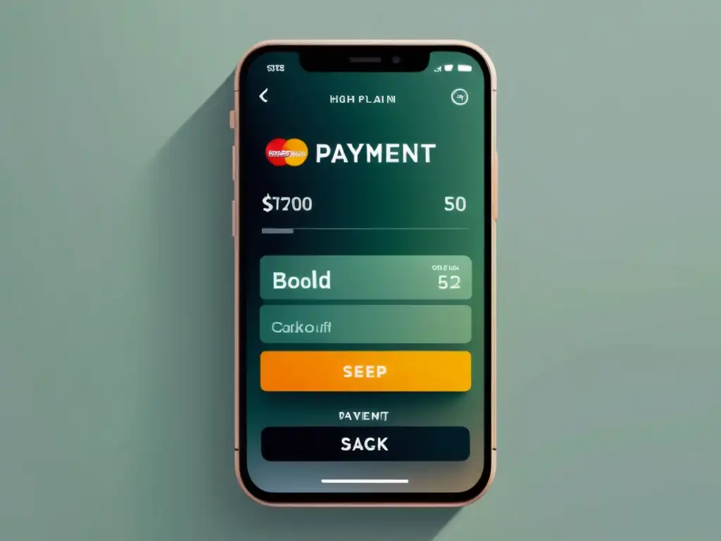 Interfaz de pago online en smartphone con diseño minimalista y colores suaves