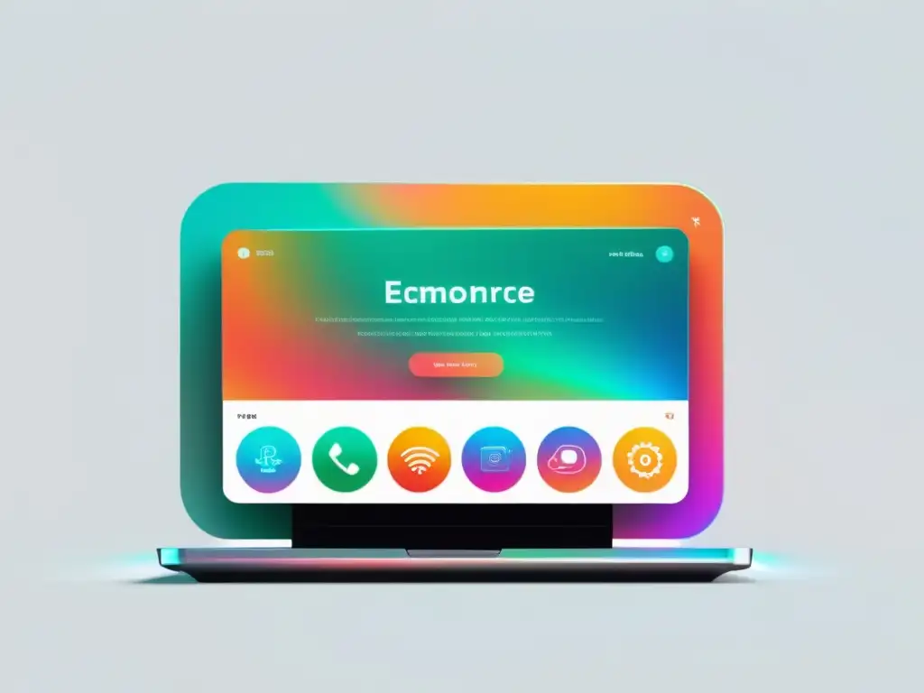 Interfaz de plataforma de comercio electrónico emergente, minimalista y futurista con vibrantes colores y líneas suaves en pantalla holográfica