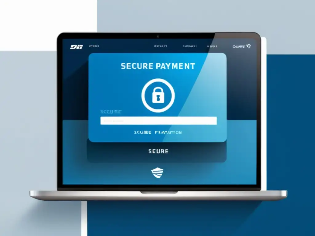 Interfaz de sistema de pago seguro en ecommerce: transferencia de datos encriptados, autenticación multifactor y diseño moderno en azules y blancos