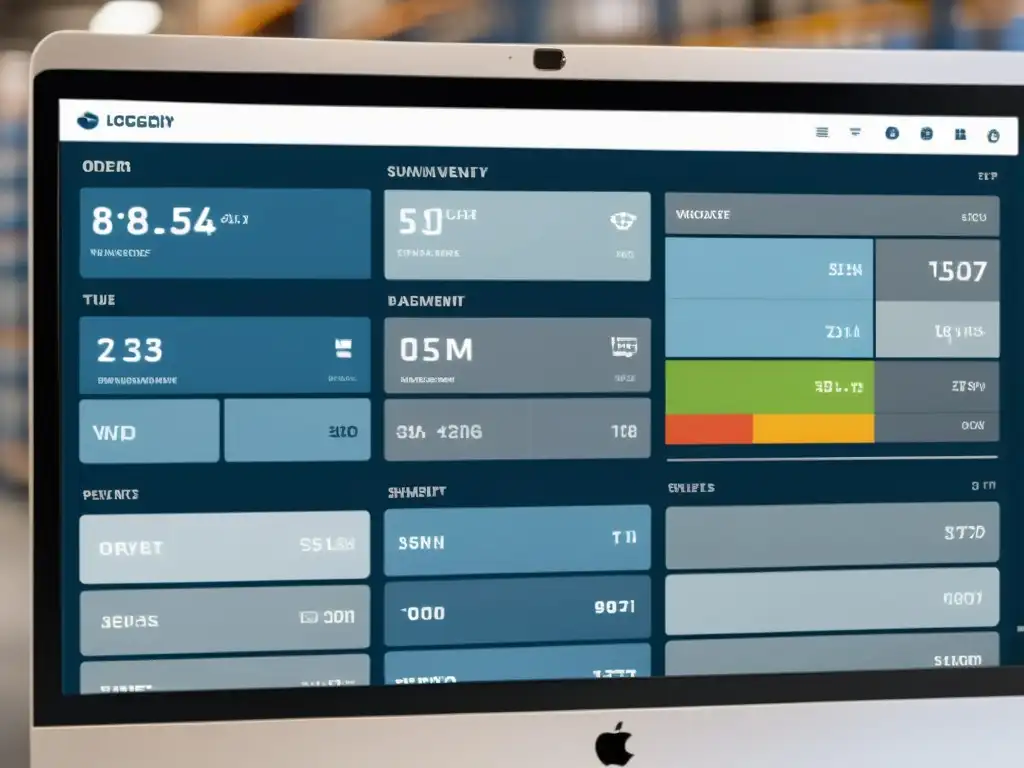 Interfaz de software de gestión logística con diseño minimalista y gráficos vibrantes en 8k