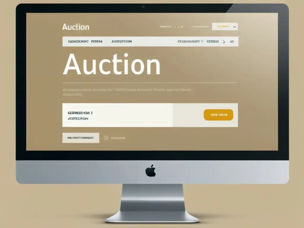 Interfaz de subasta online transparente y ética en pantalla de ordenador, con diseño minimalista y paleta de colores neutros