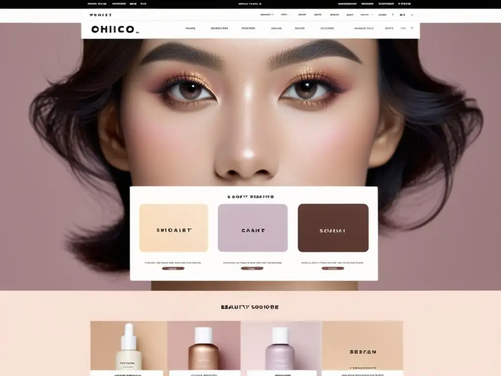 Interfaz de tienda online de belleza con diseño minimalista, colores suaves y productos de alta calidad