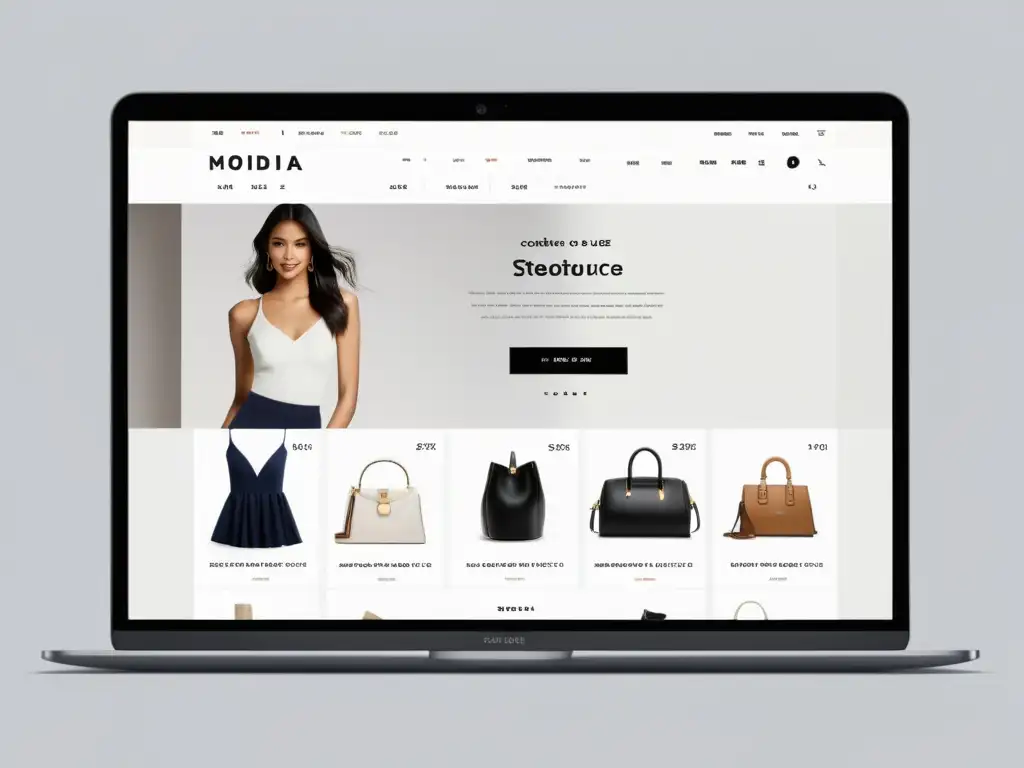 Interfaz de tienda online de moda con estrategias de precios, mostrando prendas y descuentos en fondo blanco elegante