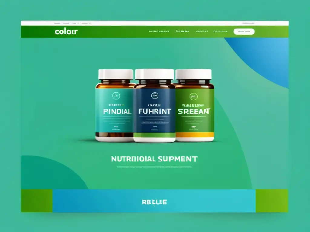 Interfaz de tienda online para suplementos nutricionales con diseño moderno, navegación intuitiva y colores frescos