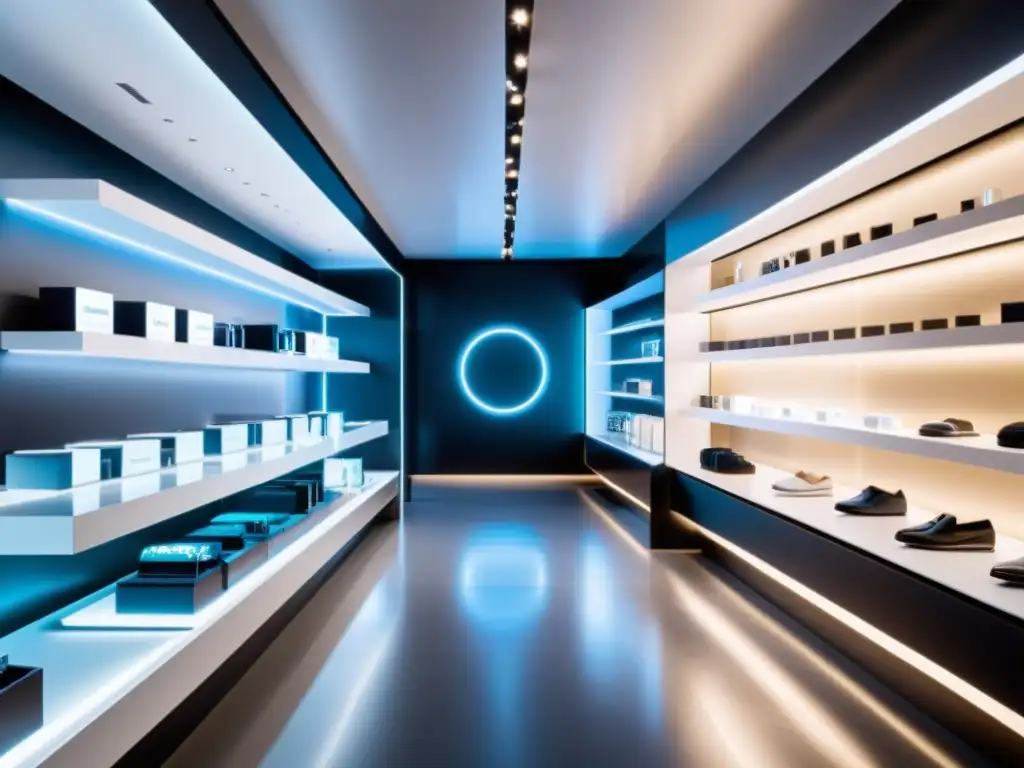 Interior minimalista y futurista de tienda con iluminación innovadora y exhibición de productos