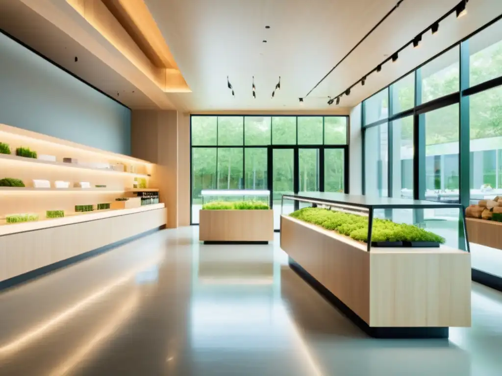 Interior de tienda ecoamigable con diseño innovador y tecnología verde