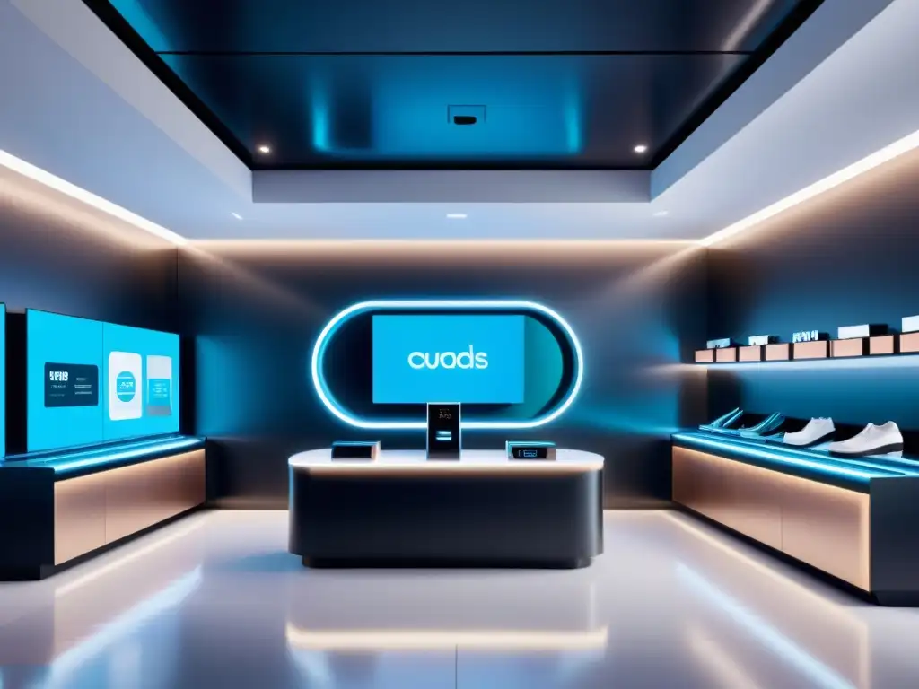 Interior de tienda futurista con personalización y Big Data para fidelización de clientes en comercio electrónico