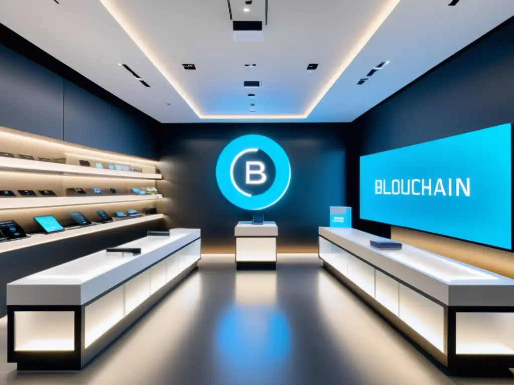 Un interior de tienda minorista moderna y elegante con tecnología blockchain futurista integrada en el diseño