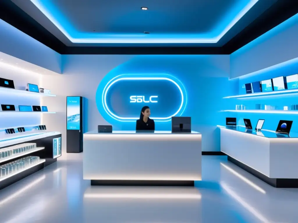 Interior de tienda de retail futurista con tecnología blockchain y ambiente de alta tecnología en tonos azules y blancos