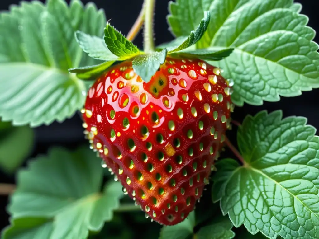 Una jugosa fresa roja sobre hojas verdes de menta, detalle y frescura que transmiten calidad para la evaluación en alimentos y bebidas ecommerce