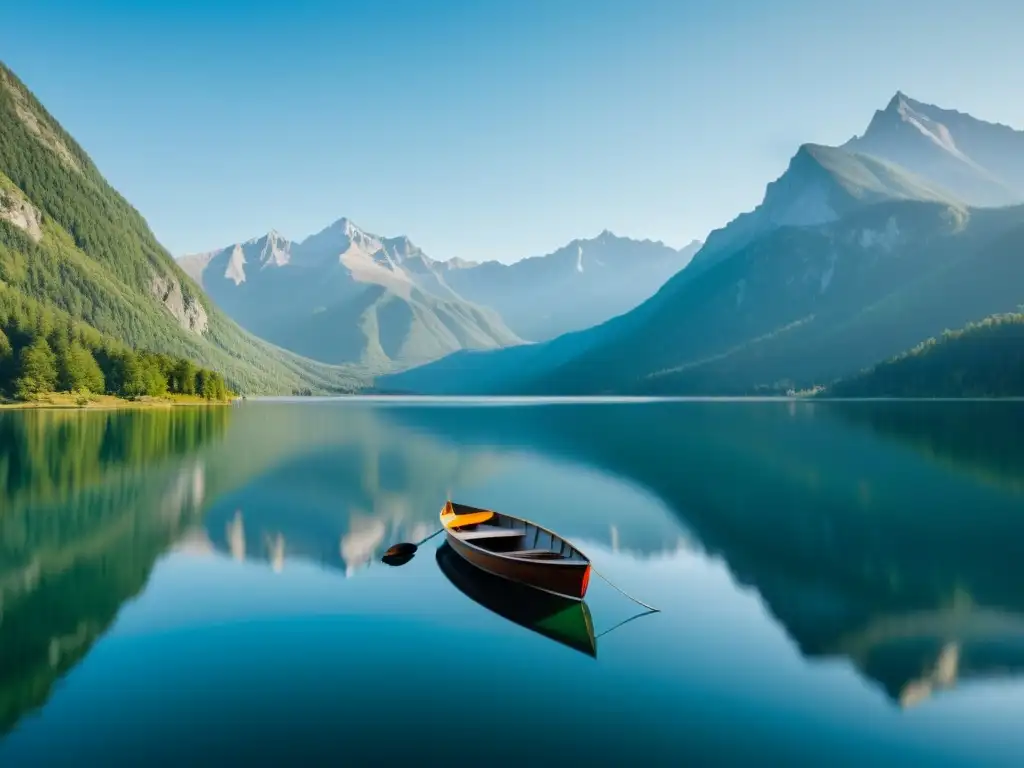 Un lago tranquilo reflejando montañas, con un bote solitario