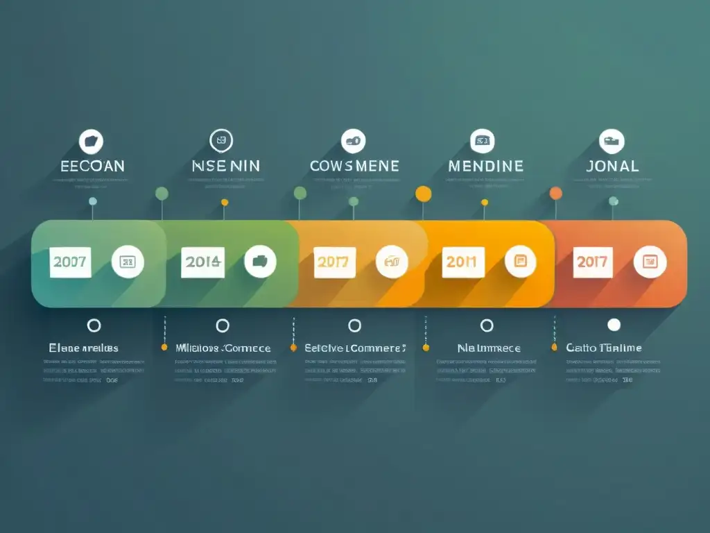 Una línea de tiempo minimalista ilustra la historia del comercio electrónico digital con hitos destacados a lo largo de la línea