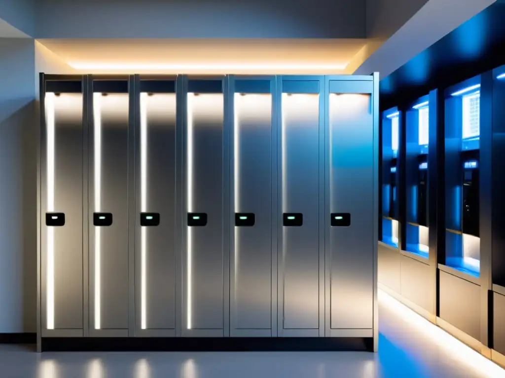 Lockers inteligentes para recepción paquetes en entorno urbano moderno y sofisticado, con diseño minimalista y tecnología avanzada