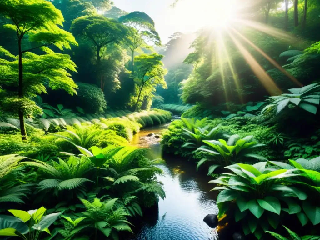 Majestuoso bosque verde con biodiversidad abundante y armonía natural, reflejando prácticas sostenibles en la cadena de suministro