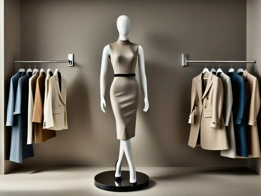 Maniquí elegante exhibiendo moda de lujo en ambiente retail moderno