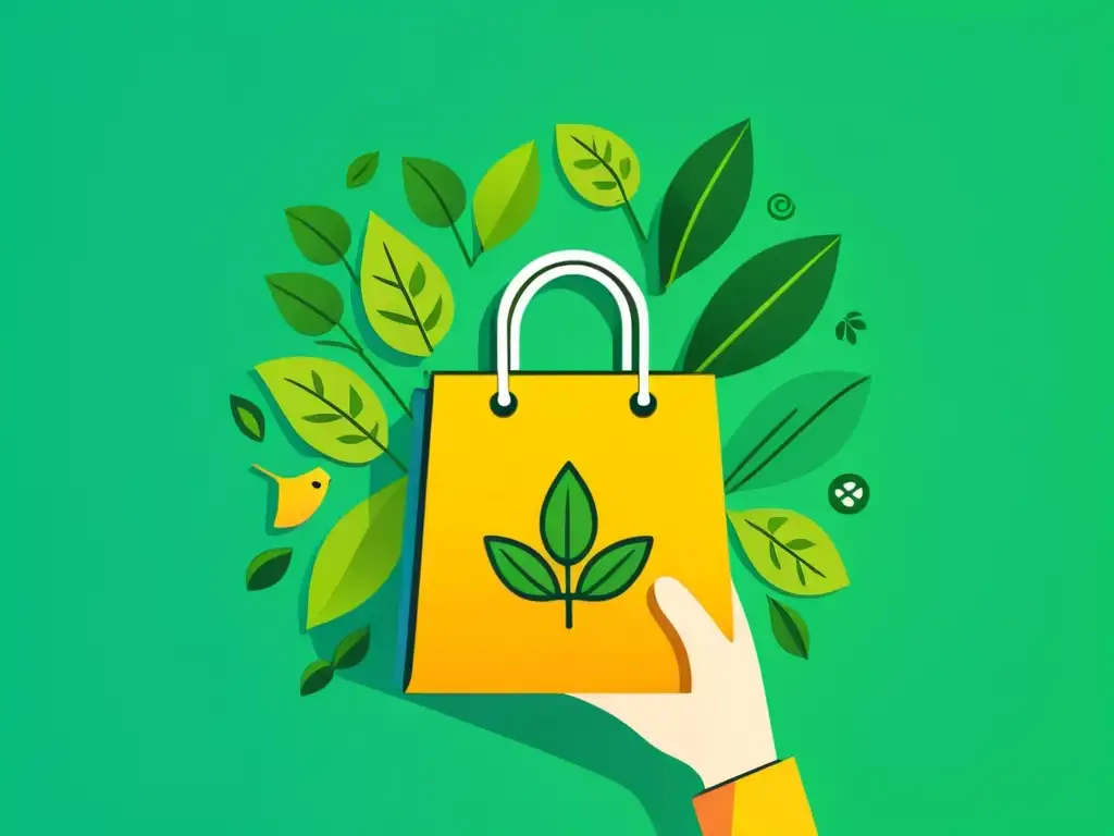 Mano sosteniendo bolsa de compras eco-friendly con símbolos de derechos del consumidor y prácticas sostenibles en ecommerce