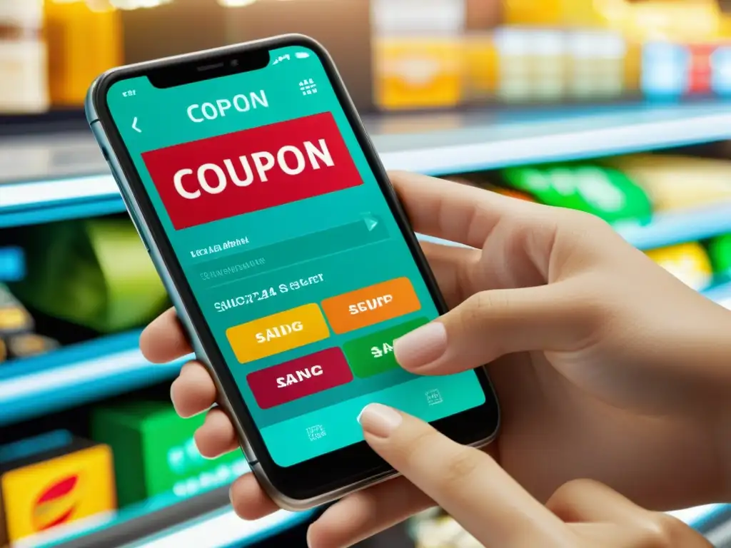 Mano seleccionando cupón digital en smartphone, enfoque moderno y ahorro en compras online