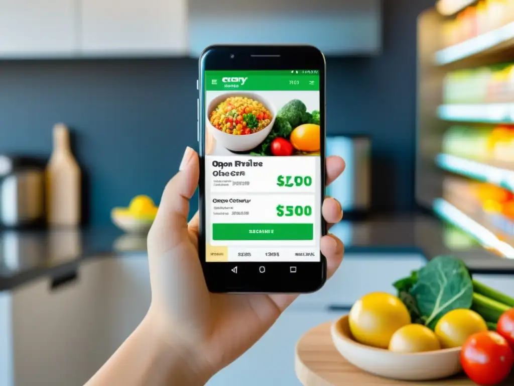 Mano seleccionando cupones de descuento en app de compras online en cocina moderna